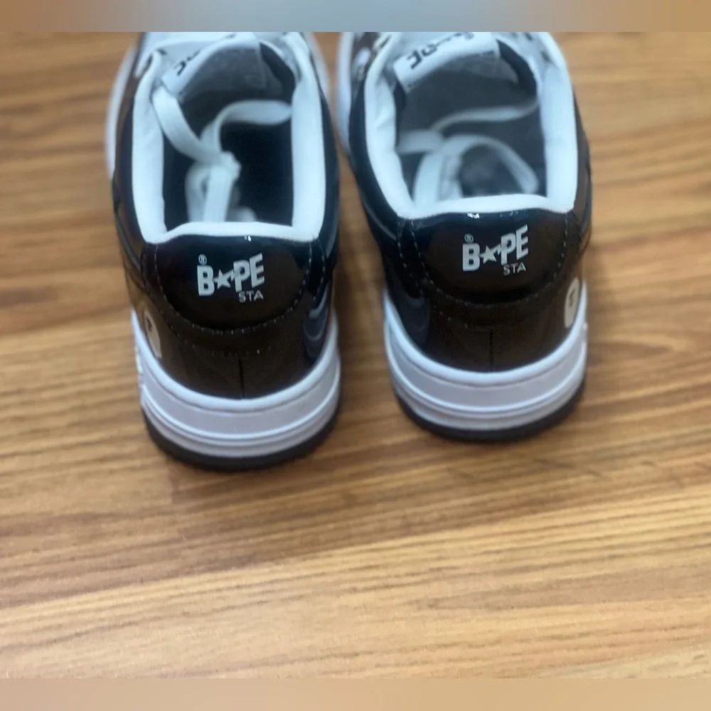 A Bathing Ape Bape Sta Low Black White Patent Leather Sneakers Streetwear Shoes - Picture 5 of 7